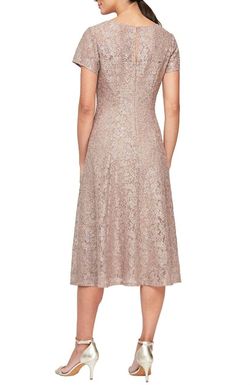 Style 1-808813733-98 SLNY Nude Size 10 Tea Length Cap Sleeve Lace Sequined Cocktail Dress on Queenly