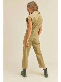 Style 1-985736415-2791 MIOU MUSE Green Size 12 Cap Sleeve Olive High Neck Jumpsuit Dress on Queenly