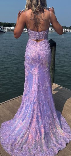 Style 55059 Sherri Hill Purple Size 0 Plunge Prom Short Height Jersey Mermaid Dress on Queenly