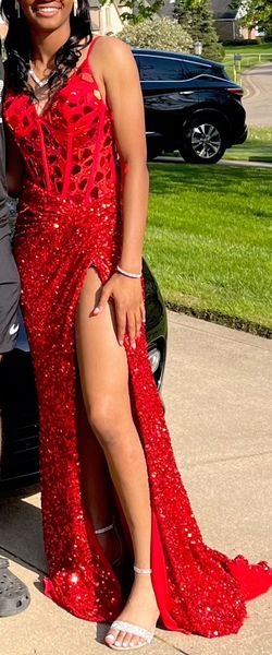 Jasz Couture Red Size 0 Plunge Medium Height Side Slit Prom Mermaid Dress on Queenly