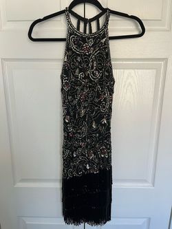 Style 53124 Sherri Hill Multicolor Size 4 Fringe High Neck Speakeasy Mini Cocktail Dress on Queenly