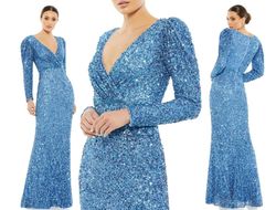 MAC DUGGAL Blue Size 16 Sleeves V Neck Prom Long Sleeve Floor Length A-line Dress on Queenly