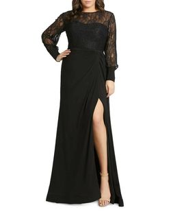 MAC DUGGAL Black Size 20 Lace Long Sleeve Sweetheart Side slit Dress on Queenly