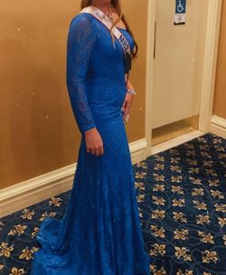 Sherri Hill Blue Size 10 Long Sleeve Side slit Dress on Queenly