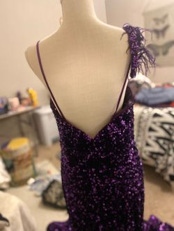 Style 48021 MoriLee Purple Size 12 Prom Jersey Floor Length Tall Height Plunge Mermaid Dress on Queenly