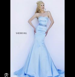 Sherri Hill Blue Size 0 Floor Length Military Satin Mermaid Dress on Queenly