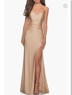 La Femme Gold Size 2 Prom Jersey Bridesmaid Train Side slit Dress on Queenly
