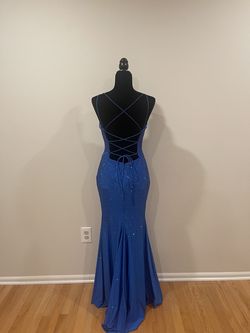 Style 54228 Sherri Hill Blue Size 8 Prom Plunge Jersey A-line Dress on Queenly