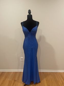 Style 54228 Sherri Hill Blue Size 8 Prom Plunge Jersey A-line Dress on Queenly