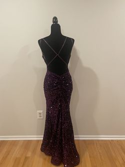 Style 55135 Sherri Hill Purple Size 4 Sequined Wedding Guest Plunge Jersey A-line Dress on Queenly