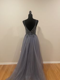 Zapaka Blue Size 8 Prom Black Tie Plunge Jersey Ball gown on Queenly