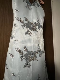 Chong Xiao Blue Size 16 Sequined Spaghetti Strap Free Shipping Plunge Mermaid Dress on Queenly