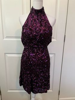 Style 51346 Sherri Hill Purple Size 2 Halter Flare Sequined High Neck Cocktail Dress on Queenly