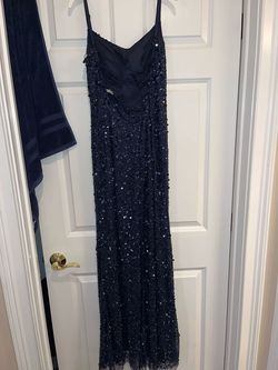 David's Bridal Blue Size 6 Floor Length Square Mermaid Dress on Queenly
