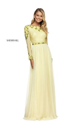 Style 53485 Sherri Hill Yellow Size 6 Floor Length Pattern A-line Dress on Queenly