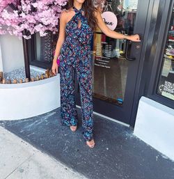 Style 1-2475302305-3236 Veronica M Blue Size 4 Halter Tall Height Polyester Jumpsuit Dress on Queenly