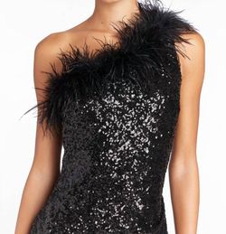 Style 1-3077062302-2901 Amanda Uprichard Black Size 8 Tall Height Sequined Feather Cocktail Dress on Queenly