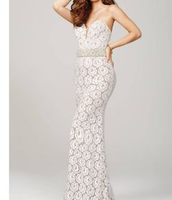 Style 1-3898460577-1498 JOVANI White Size 4 Strapless Lace Straight Dress on Queenly