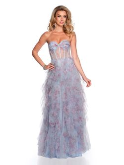 Style DM 11636 Dave and Johnny Blue Size 12 Floral Plus Size Ruffles A-line Dress on Queenly