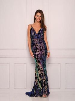 Style DM 11121 Dave and Johnny Blue Size 6 Sequined Side Slit Spaghetti Strap Mermaid Dress on Queenly