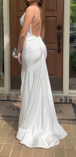 Style 54800 Sherri Hill White Size 0 Shiny Side slit Dress on Queenly