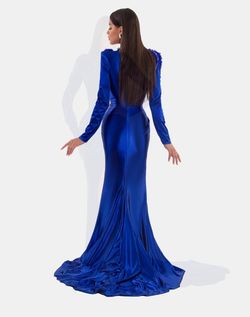 Style AD5110 Albina Dyla Royal Blue Size 4 High Neck Long Sleeve Pageant A-line Dress on Queenly