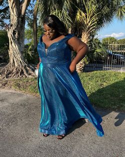 Cinderella Divine Blue Size 26 Floor Length Jersey Plus Size Side slit Dress on Queenly
