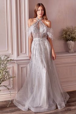 Style A1023 Andrea & Leo Couture Silver Size 8 Feather A1023 Floor Length A-line Dress on Queenly