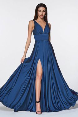 Style 7469 Cinderella Divine Blue Size 20 Side Slit Satin A-line Dress on Queenly