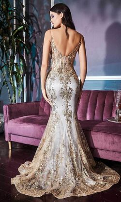 Style J810 Cinderella Divine Gold Size 8 Tall Height Print Floral Fitted Mermaid Dress on Queenly