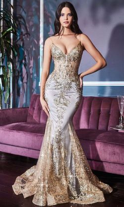 Style J810 Cinderella Divine Gold Size 8 Floor Length Print Tall Height Corset Mermaid Dress on Queenly