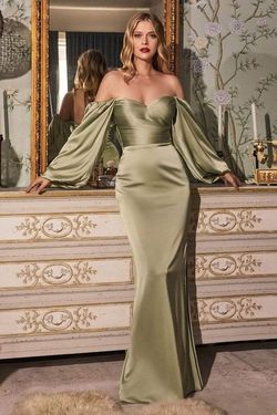 Style 7482 Cinderella Divine Green Size 8 7482 Satin Long Sleeve Side slit Dress on Queenly