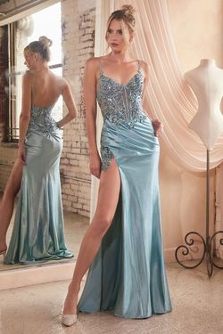 Style CDS439 Cinderella Divine Blue Size 4 Jersey Satin Side slit Dress on Queenly