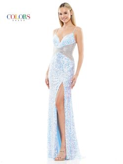 Style 3300 Colors Light Blue Size 2 Sequined Floor Length Side slit Dress on Queenly