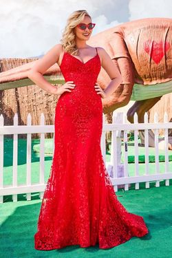 Style EW34030 Ellie Wilde By Mon Cheri Red Size 0 V Neck Tall Height Flare Mermaid Dress on Queenly