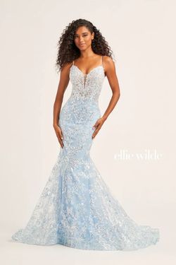 Style EW35013 Ellie Wilde By Mon Cheri Blue Size 0 Pageant Sequined Corset Mermaid Dress on Queenly