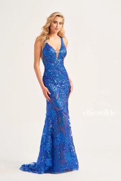 Style EW34040 Ellie Wilde By Mon Cheri Blue Size 0 Floor Length Pageant Flare Plunge Mermaid Dress on Queenly
