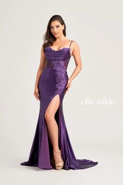 Style EW35028 Ellie Wilde By Mon Cheri Purple Size 4 Floor Length Tall Height Side slit Dress on Queenly