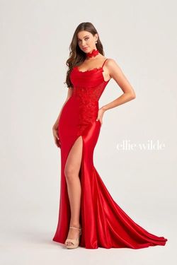 Style EW35028 Ellie Wilde By Mon Cheri Red Size 0 Tall Height Ew35028 Pageant Corset Side slit Dress on Queenly