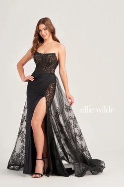 Style EW35032 Ellie Wilde By Mon Cheri Black Size 0 Corset Floor Length Side slit Dress on Queenly