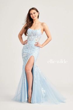 Style EW35057 Ellie Wilde By Mon Cheri Blue Size 0 Corset Tall Height Side slit Dress on Queenly