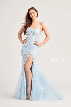 Style EW35057 Ellie Wilde By Mon Cheri Blue Size 4 Floor Length Tall Height Corset Side slit Dress on Queenly