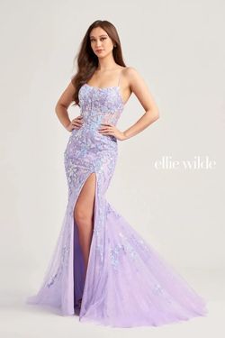 Style EW35057 Ellie Wilde By Mon Cheri Purple Size 4 Pageant Black Tie Ew35057 Corset Side slit Dress on Queenly