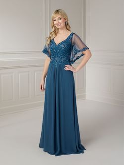 Style 17128 House Of Wu Blue Size 16 Sheer Sleeves A-line Dress on Queenly