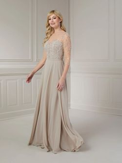 Style 17139 House Of Wu Nude Size 12 Tulle Sheer Plus Size Sleeves Floor Length A-line Dress on Queenly