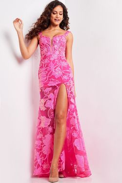 Style JVN38462 Jovani Pink Size 2 Barbiecore Jvn38462 Sequined Side slit Dress on Queenly