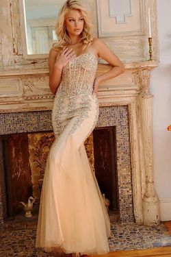 Style 5908 Jovani Nude Size 14 Plus Size Sheer Mermaid Dress on Queenly