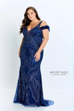Style 122904 Mon Cheri Blue Size 14 Floor Length Tall Height Shiny Plunge Mermaid Dress on Queenly