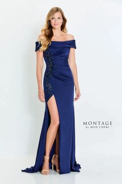Style M535 Mon Cheri Blue Size 10 Lace M535 Navy Side slit Dress on Queenly