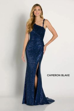 Style CB753 Mon Cheri Blue Size 14 Black Tie Pageant Floor Length Side slit Dress on Queenly